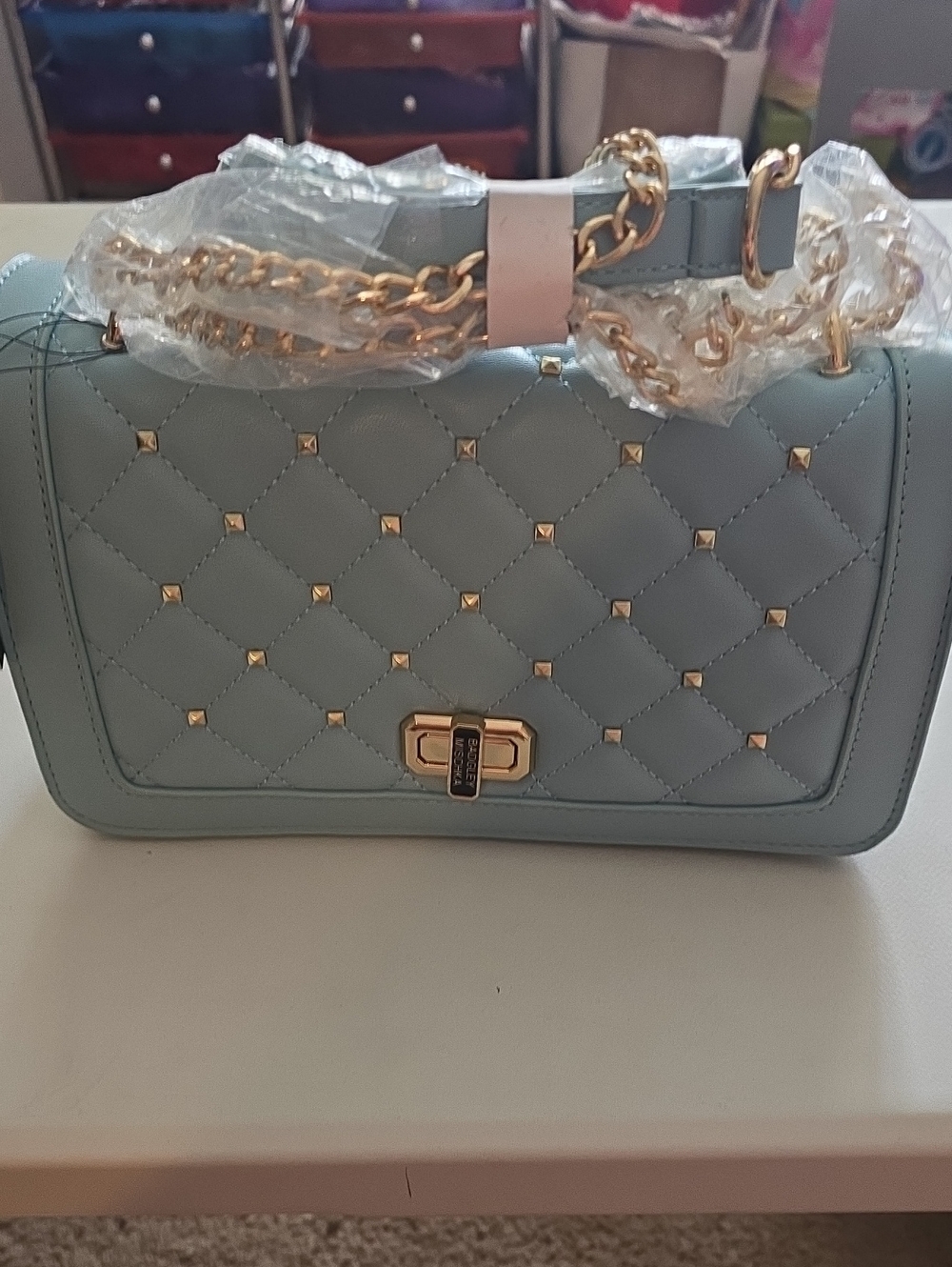 Badgley Mischka Quilted Light Blue Crossbody with Gold Chain